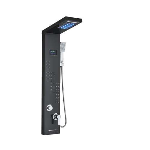 Blackswan M8012 shower panel with waterfall shower head, digital display, LED lights and spa jets, black