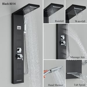 Duschpaneel Blackswan, Typ M8014, schwarzes Modell mit Wasserfall-Armatur, digitalem Display, LED- und SPA-Funktionen, Größe 114 cm