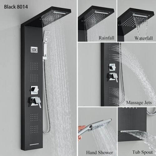 Blackswan M8014 schwarze Duschpaneel mit Wasserfallhahn, Digitalanzeige, LED und SPA-Funktionen