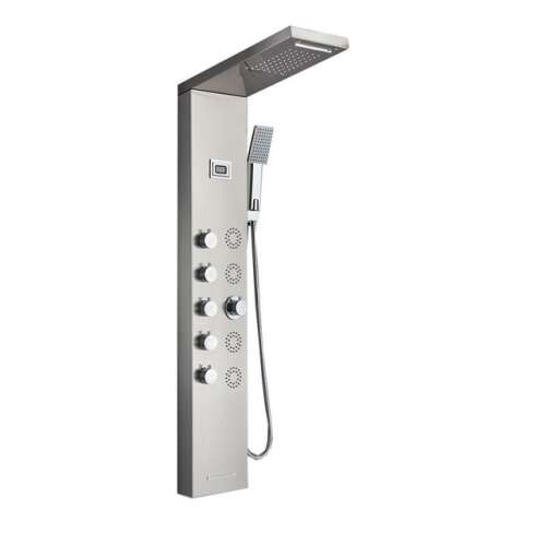 Blackswan M8017 shower panel, nickel finish, with waterfall shower head, digital display, and spa jets