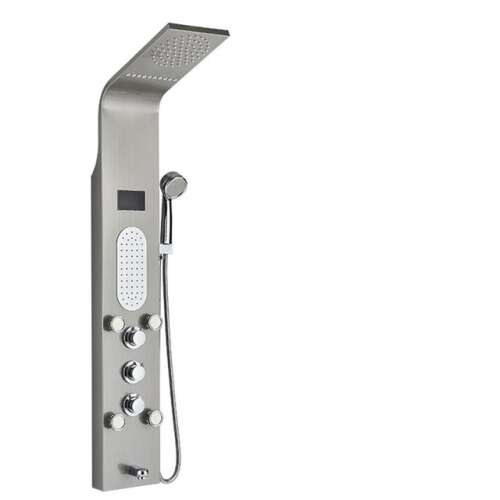 Blackswan M8025 brushed nickel shower panel with LED lights, digital display, hand shower, and massage jets