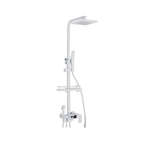 White shower column with shelf, Blackswan M134 model, adjustable shower head, handheld shower, and digital display