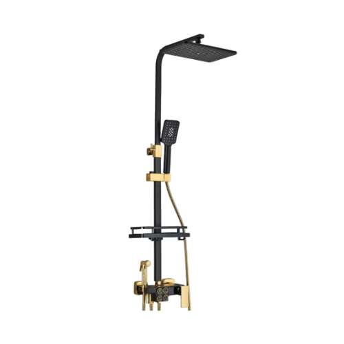 Blackswan M135 shower column, black and gold, with adjustable shower head, hand shower, and digital display