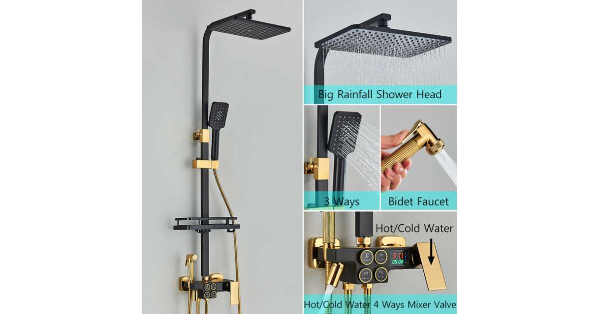 Blackswan Shower Column, M135 type, adjustable black/gold model, with movable faucet, high-pressure shower head and digital display, size 120 cm 102642857