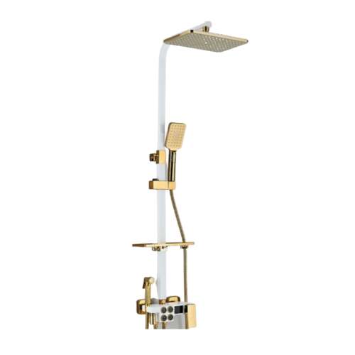 Blackswan M136 shower column, white and gold model, with adjustable shower head, handheld shower, and digital display