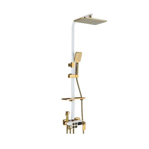 Blackswan M141 Shower Column, adjustable white/gold model with thermostat, movable faucet, high-pressure shower head and digital display, size 110 cm