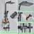 Blackswan M145 shower column, matte black, with thermostat, adjustable hand shower, high pressure shower head and shelf, 120 cm, showing details of the shower head, hand shower, and thermostat