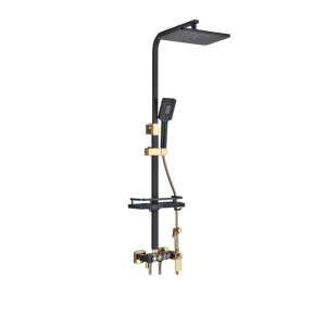 Blackswan M147 shower column, black and gold, with thermostatic valve, adjustable, handheld shower, overhead shower, shelf, 120cm - Shower set