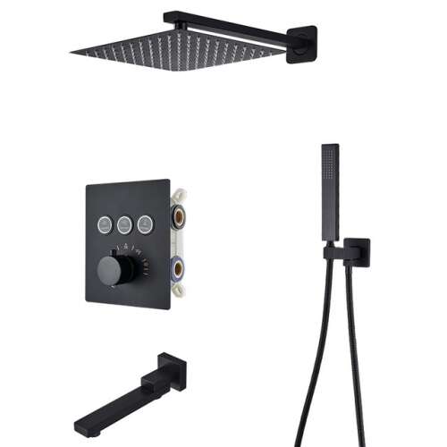 Set de duș Blackswan M154 negru mat cu mixer termostatic 3 căi, iluminare LED și duș de mână