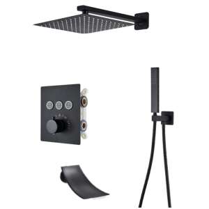 Blackswan M155 matte black shower set with 3-way thermostatic mixer valve, LED lighting, waterfall spout, and hand shower - Shower set