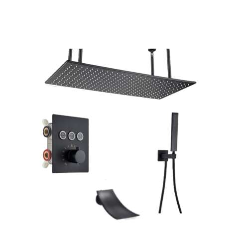 Blackswan M159 3 utas termosztát zuhanycsap szett vízesés csapteleppel, mennyezetre szerelhető, 80 cm, matt fekete