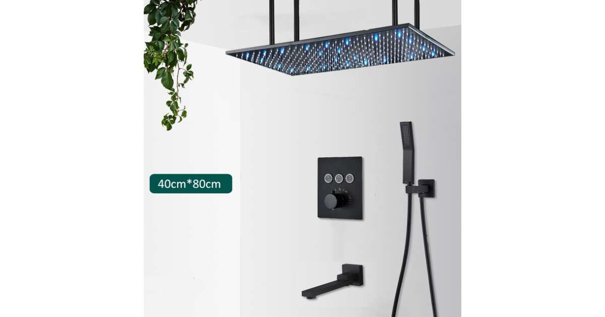 Duscharmaturen-Set, Blackswan, Typ M161, mattschwarzes Modell, mit 3 Wege, Thermostat, LED-Beleuchtung, mobiler Armatur und Deckenmontage, Größe 80 cm 102642996