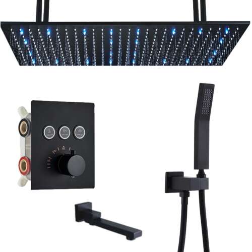 Blackswan Shower Set, M161 type, matt black model, 3-way, thermostat, LED lighting, mobile shower head and ceiling mount, size 80 cm
