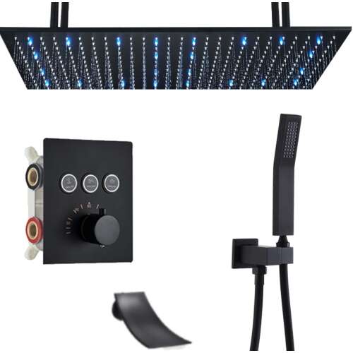 Set de duș Blackswan M162, termostat cu 3 căi, iluminare LED, gura de scurgere în cascadă și montaj pe tavan, dimensiune 80 cm, negru mat