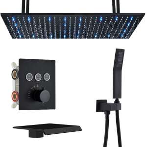 Duscharmaturen-Set, Blackswan, Typ M163, mattschwarzes Modell, mit 3 Wege, Thermostat, LED-Beleuchtung, Wasserfallhahn und Deckenmontage, Größe 80 cm