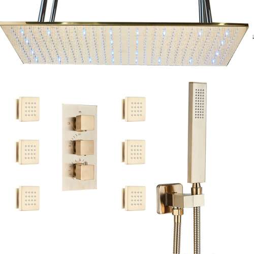 Blackswan M192 Duschset, matt Gold, 3-Wege, Thermostat, mit Massagedüsen und LED-Beleuchtung, 80 cm