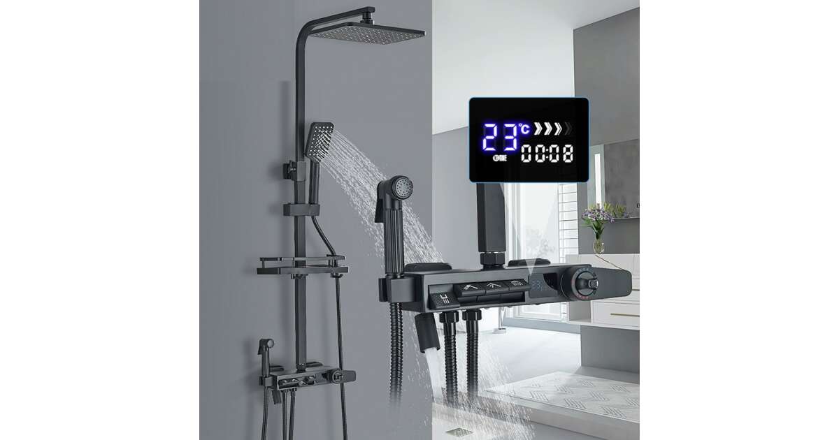 Blackswan Shower Column, M246 type, matt black model, 4-function, thermostat, LCD display, high-pressure shower and concealed movable hand shower, size 30 x 20 cm 102643356