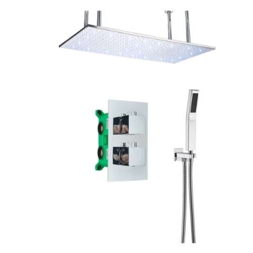 Set tuš armature, Blackswan, tip M265, model krom sjaj, s dvosmjernim ventilom, LED rasvjetom, termostatom i stropnom montažom, veličina 80 cm