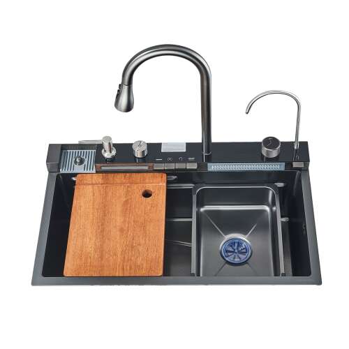 Set chiuveta multifunctionala bucatarie, baterie si accesorii, Blackswan, Tip C1, model negru/ gri antracit, baterii tip cascada si pentru apa purificata, display digital, dimensiune 75 x 46 cm