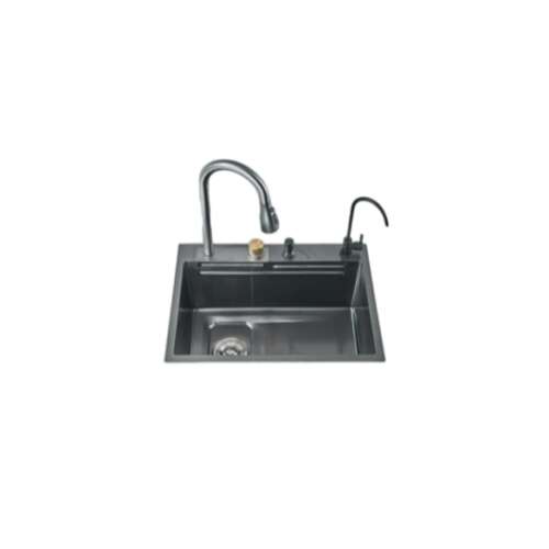 Set chiuveta multifunctionala bucatarie, baterie si accesorii, Blackswan, Tip A1, model negru| gri antracit, baterii tip cascada si pentru apa purificata, dimensiune 60 x 45 cm