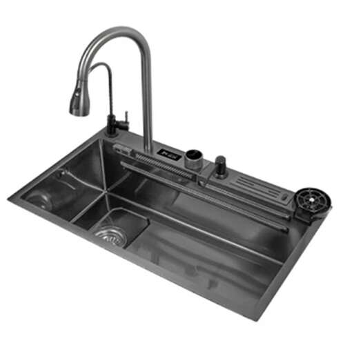 Set chiuveta multifunctionala bucatarie, baterie si accesorii, Blackswan, Tip E1, model negru/ gri antracit, baterii tip cascada si pentru apa purificata, display digital, spalator pahare si suport cutite, dimensiune 75 x 45 cm