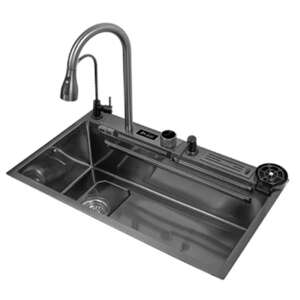 Višenamjenski set kuhinjskog sudopera, slavina i pribor, Blackswan, tip E1, crno/antracit sivi model, slavine za vodopad i čistu vodu, digitalni zaslon, držač za čaše i nož, veličina 75 x 45 cm