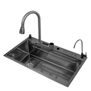 Višenamjenski set kuhinjskog sudopera, slavina i pribor, Blackswan, tip F1, crno/antracit sivi model, slavine za vodopad i čistu vodu, digitalni zaslon i držač noževa, veličina 75 x 45 cm
