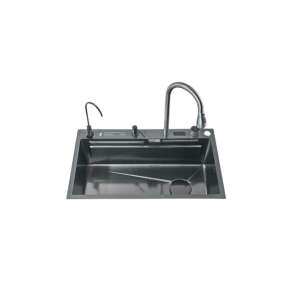 Többfunkciós mosogató készlet, csaptelep és tartozékok, Blackswan, D1Y típus, fekete/antracit szürke modell, vízesés és tisztított víz csaptelepek, digitális kijelző és késtartó, 75 x 45 cm