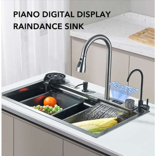 Set chiuveta multifunctionala bucatarie, baterie si accesorii, Blackswan, Tip D2Y, model negru/ gri antracit, baterii tip cascada si pentru apa purificata, display digital, spalator pahare si suport cutite, dimensiune 75 x 45 cm