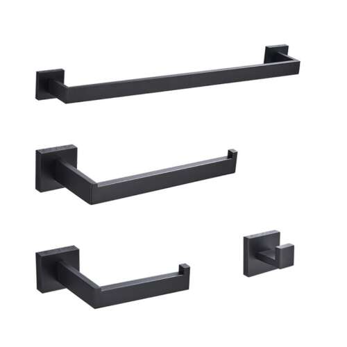 Set de accesorii pentru baie Blackswan, 4 piese, negru mat, suport pentru prosoape, suport pentru hârtie igienică, cârlig pentru halat