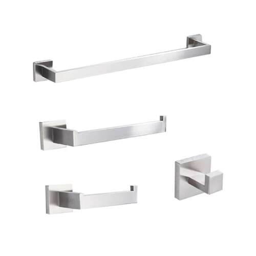 Set de accesorii pentru baie Blackswan, 4 piese, suport pentru prosoape, inel pentru prosoape, suport pentru hârtie igienică, cârlig pentru halat, nichel mat