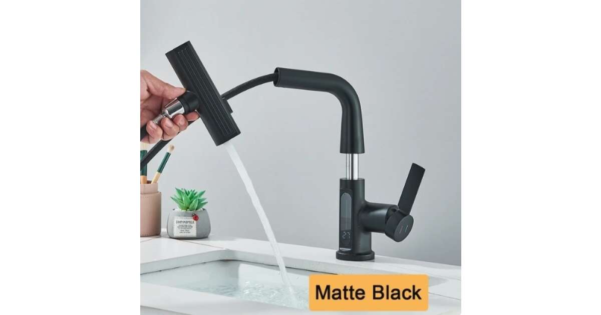 Bathroom sink faucet, Blackswan, M324 type, matt black smart model, with LCD display, 3 modes and mobile waterfall shower, size 23 cm 102644491