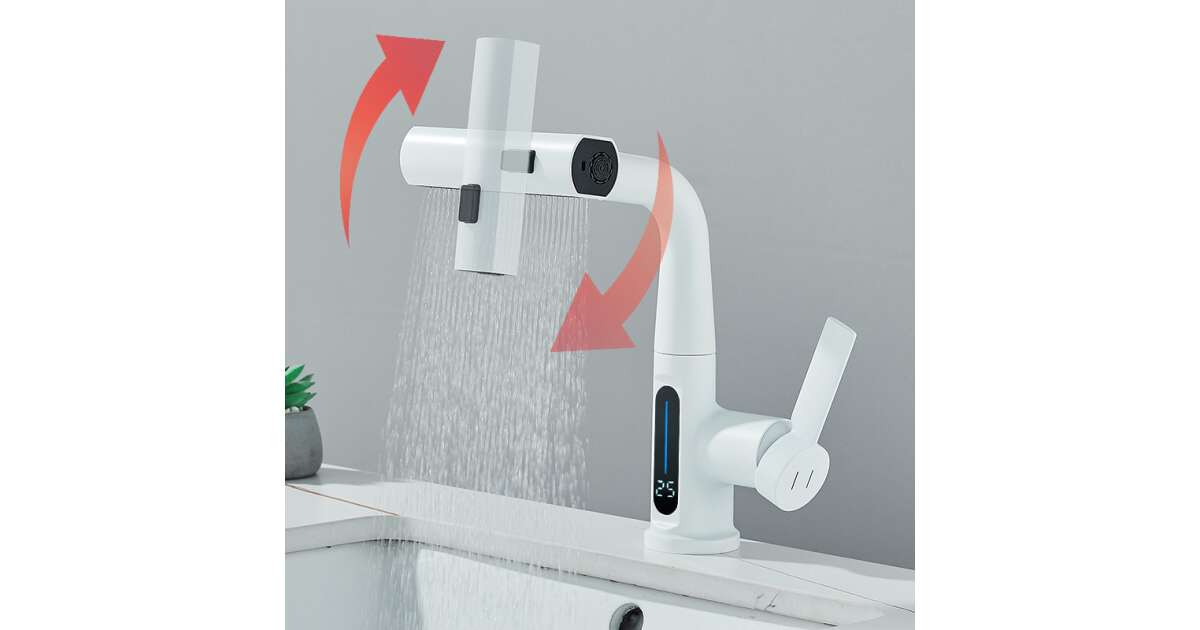Bathroom sink faucet, Blackswan, M326 type, white smart model, with LCD display, 3 modes and mobile waterfall shower, size 23 cm 102644496