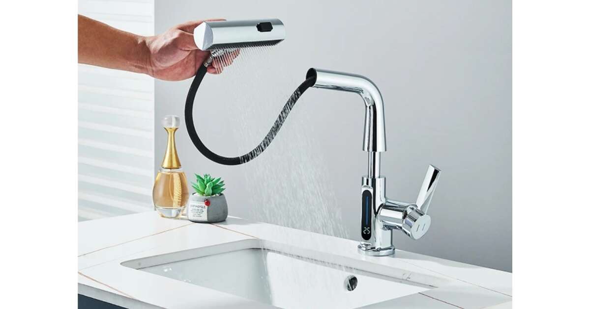 Bathroom sink faucet, Blackswan, M325 type, intelligent chrome model, with LCD display, 3 modes and mobile waterfall shower, size 23 cm 102644520