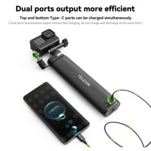 Селфи стик с батерия, Telesin, съвместим с GoPro, Insta360, DJI Action, дължина 90 см, водоустойчив IP52