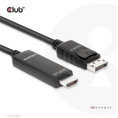 Club3D DisplayPort 1.4 - HDMI 4K120Hz vagy 8K60Hz HDR10 kábel M/M, fekete kábel mindkét végén csatlakozókkal