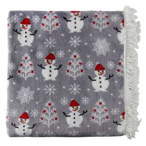 Szary koc polarowy z wzorem bałwanka, z frędzlami - Pościel