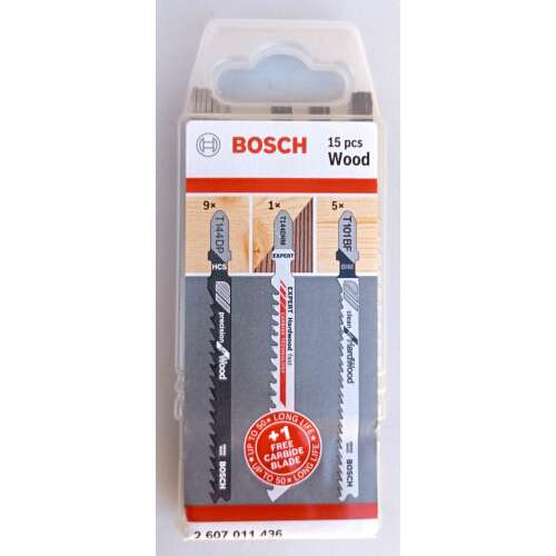 Bosch 15 darabos szúrófűrészlap készlet fához, tartalmazza a T144DP, T144DHM, T101BF lapokat