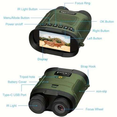 Night vision binoculars with a display, buttons, and a type-C USB port
