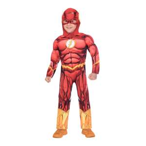 The Flash costume for kids, red jumpsuit with yellow lightning bolt, size 4-6 years - DC