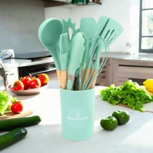 12 Piece Green Silicone Kitchen Utensil Set with Wooden Handles in a Container - Kitchen Tool Set