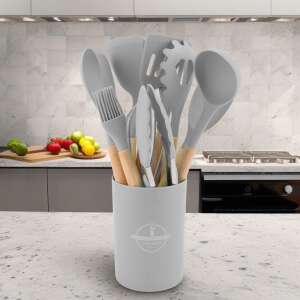 12 piece silicone kitchen utensil set in light gray with wooden handles, perfect for cooking and serving - Kitchen Tool Set