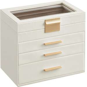 SONGMICS jewelry box, white and gold, 4 levels, 3 drawers, glass top - SONGMICS