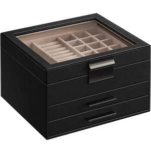SONGMICS 3-tier jewelry box with glass lid and drawers, black - SONGMICS