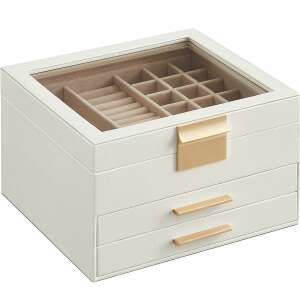Songmics jewelry box, white and gold, 3 drawers, glass top, 19 compartments - SONGMICS