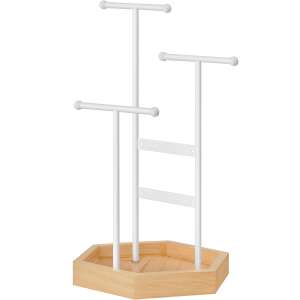 Songmics jewelry stand, white and wood, with 3 bars for necklaces and bracelets, earring holder, and a tray for rings - SONGMICS