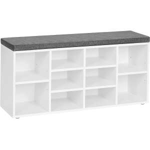 Vasagle LHS10WT, Cipőtároló, 10 rekesszel, Párnával, Bejárathoz, 104 x 30 x 48 cm, Fehér