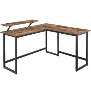 Ъглов бюро Vasagle L-образна форма с рафт за монитор, рустикално кафяво - Офис мебели