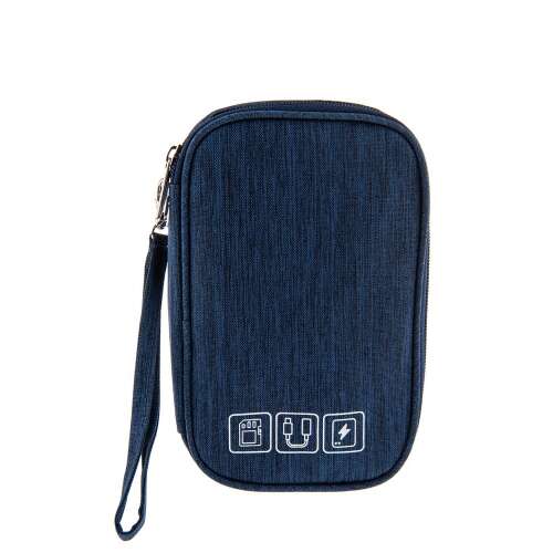 Utazótáska kábelek és technológia számára, kék, cipzáras táska, kábelekhez, töltőkhöz, power bankhoz, kiegészítőkhöz, utazáshoz