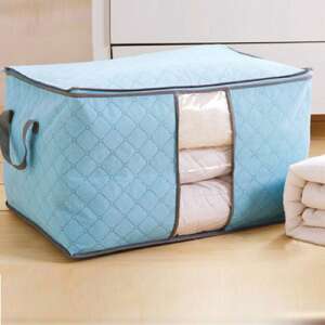 Light blue storage bag with clear window for blankets, clothes, and pillows - Closet organizer